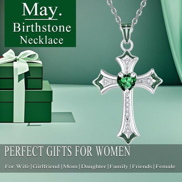 Cross Necklace for Women, Heart CZ Birthstone Pendant Necklace Crucifix, Birthda - Picture 3 of 7